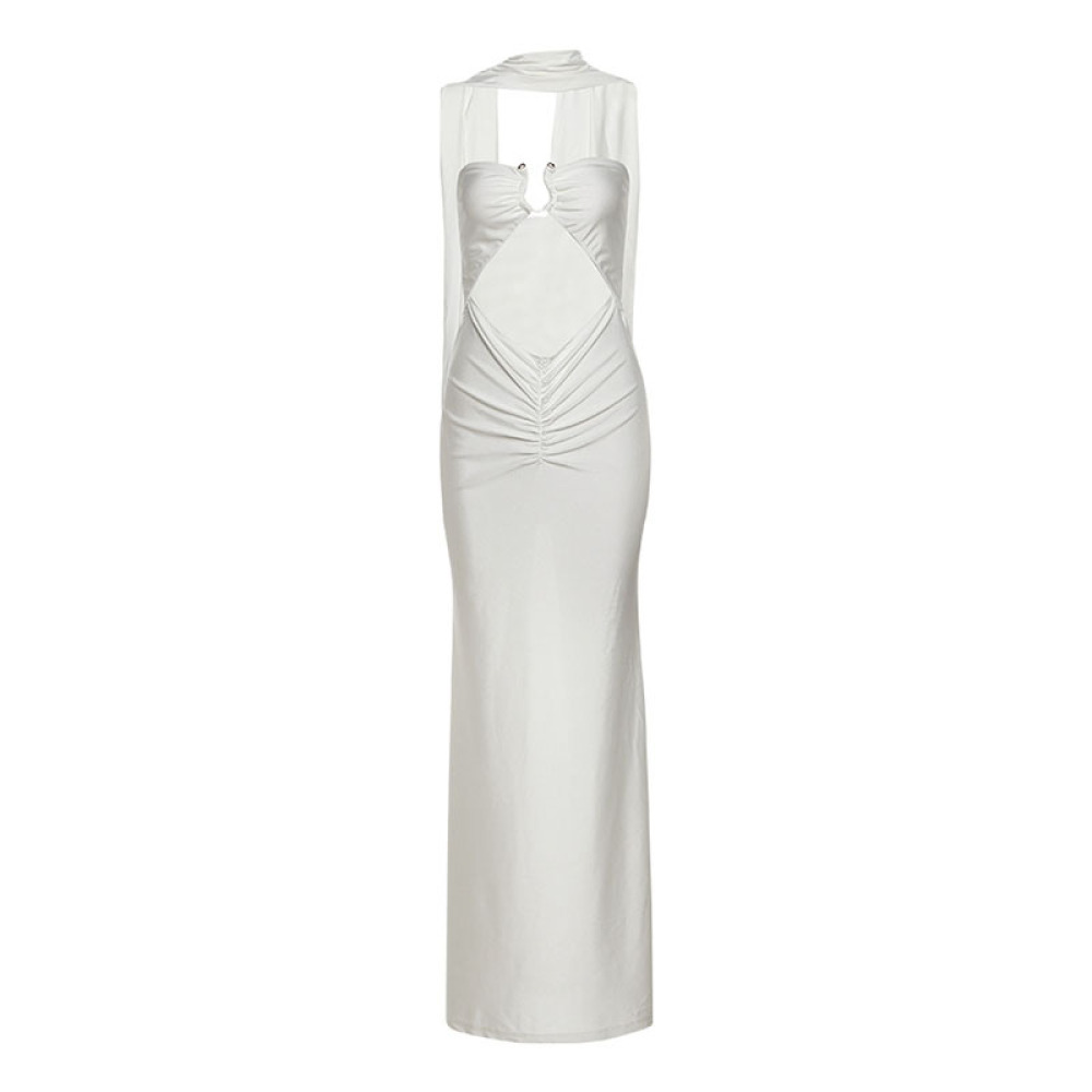 Slim - fitting Hollow - out Shawl - collar Gown Dress 