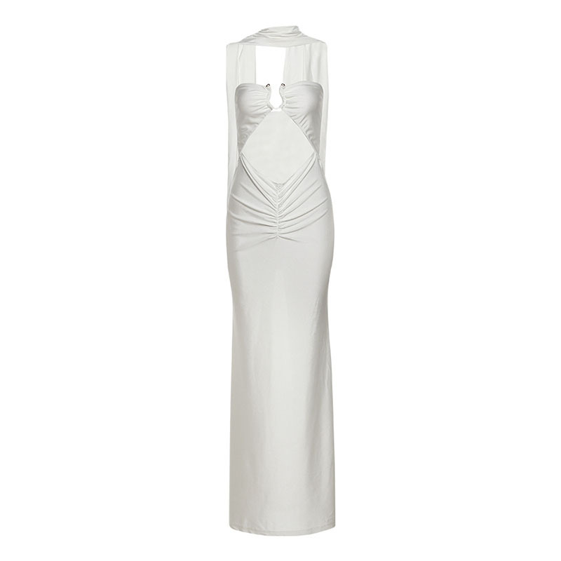 Slim - fitting Hollow - out Shawl - collar Gown Dress 