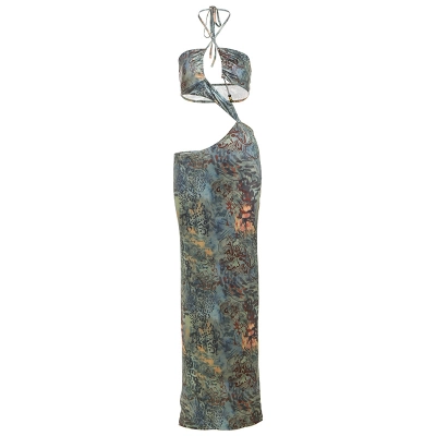 Hollow - out Halter Tie - up Slim - fit Print Split Dress 01