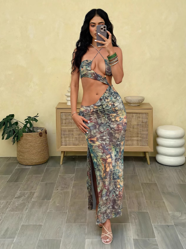 Hollow - out Halter Tie - up Slim - fit Print Split Dress