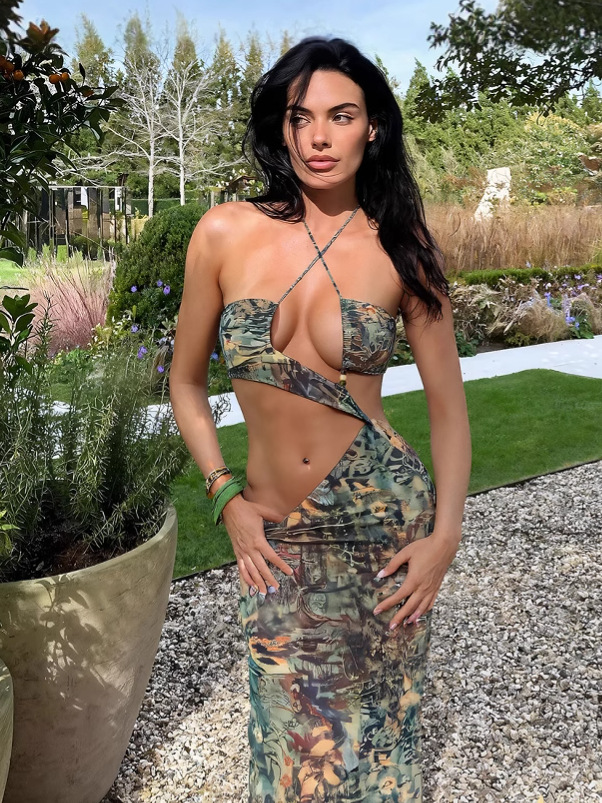 Hollow - out Halter Tie - up Slim - fit Print Split Dress