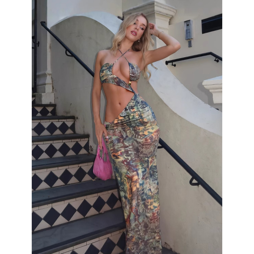 Hollow - out Halter Tie - up Slim - fit Print Split Dress