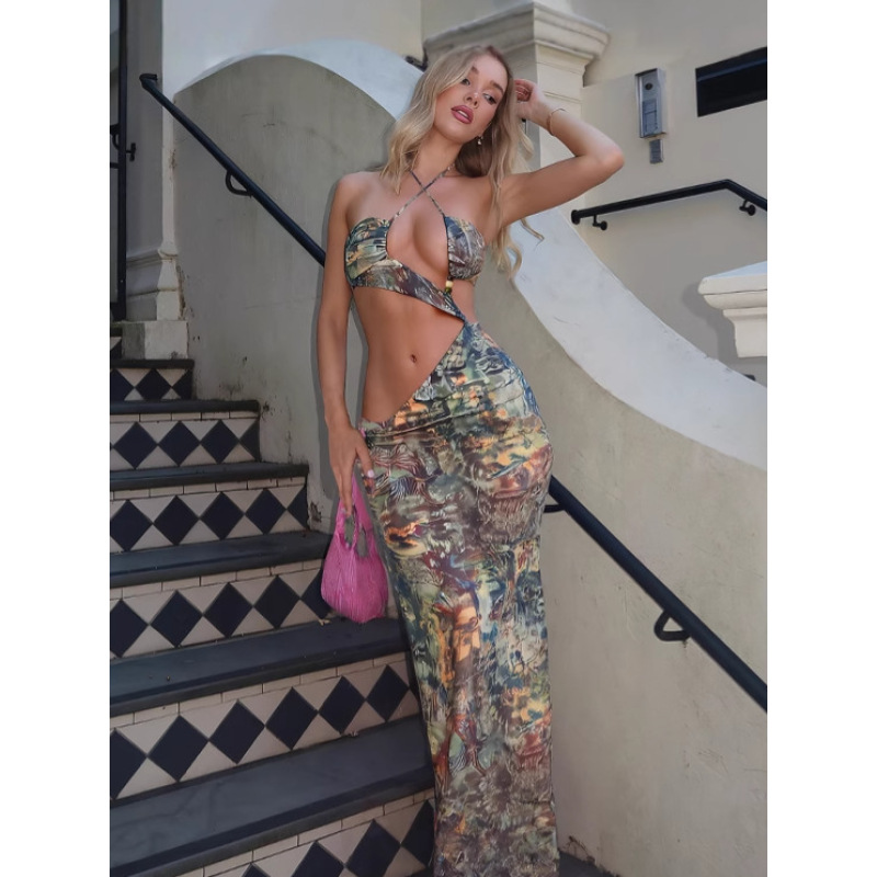 Hollow - out Halter Tie - up Slim - fit Print Split Dress
