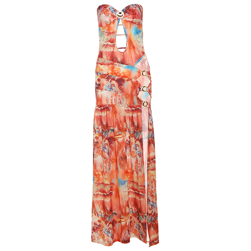 Backless Slim - fit Cut - out Side Split Print Bustier Dress