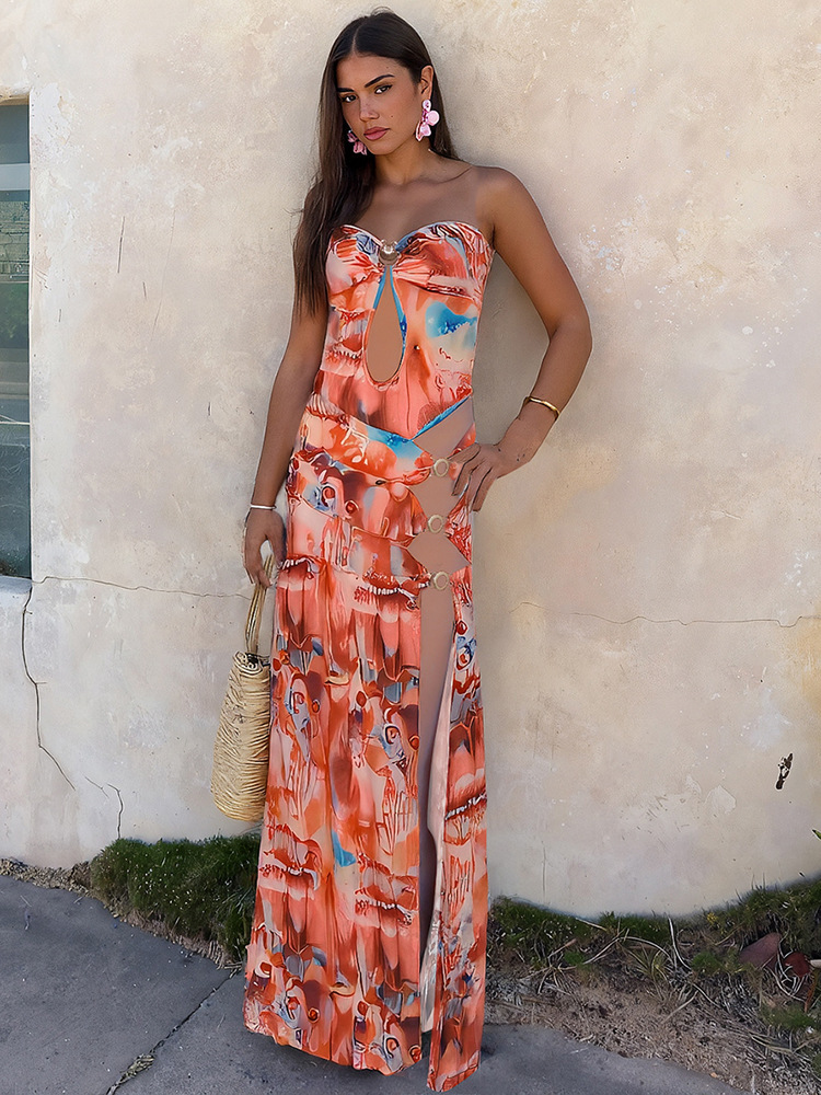 Backless Slim - fit Cut - out Side Split Print Bustier Dress