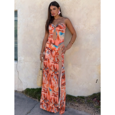 Backless Slim - fit Cut - out Side Split Print Bustier Dress 02