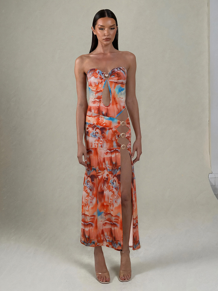 Backless Slim - fit Cut - out Side Split Print Bustier Dress