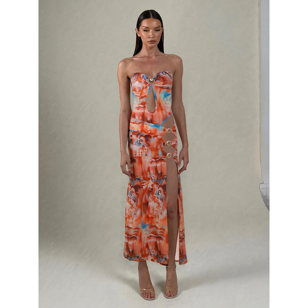 Backless Slim - fit Cut - out Side Split Print Bustier Dress