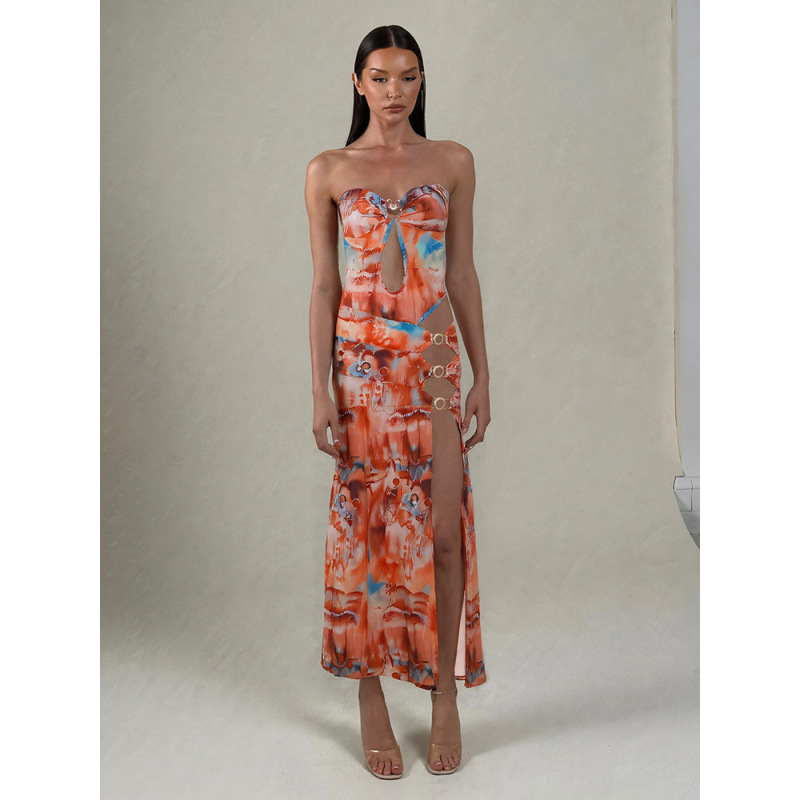 Backless Slim - fit Cut - out Side Split Print Bustier Dress