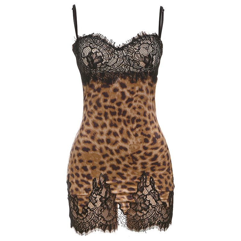 Leopard - print Slim - fit Backless Lace - panel Suspender Dress