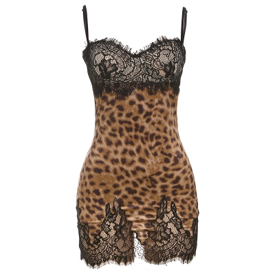 Leopard - print Slim - fit Backless Lace - panel Suspender Dress 01