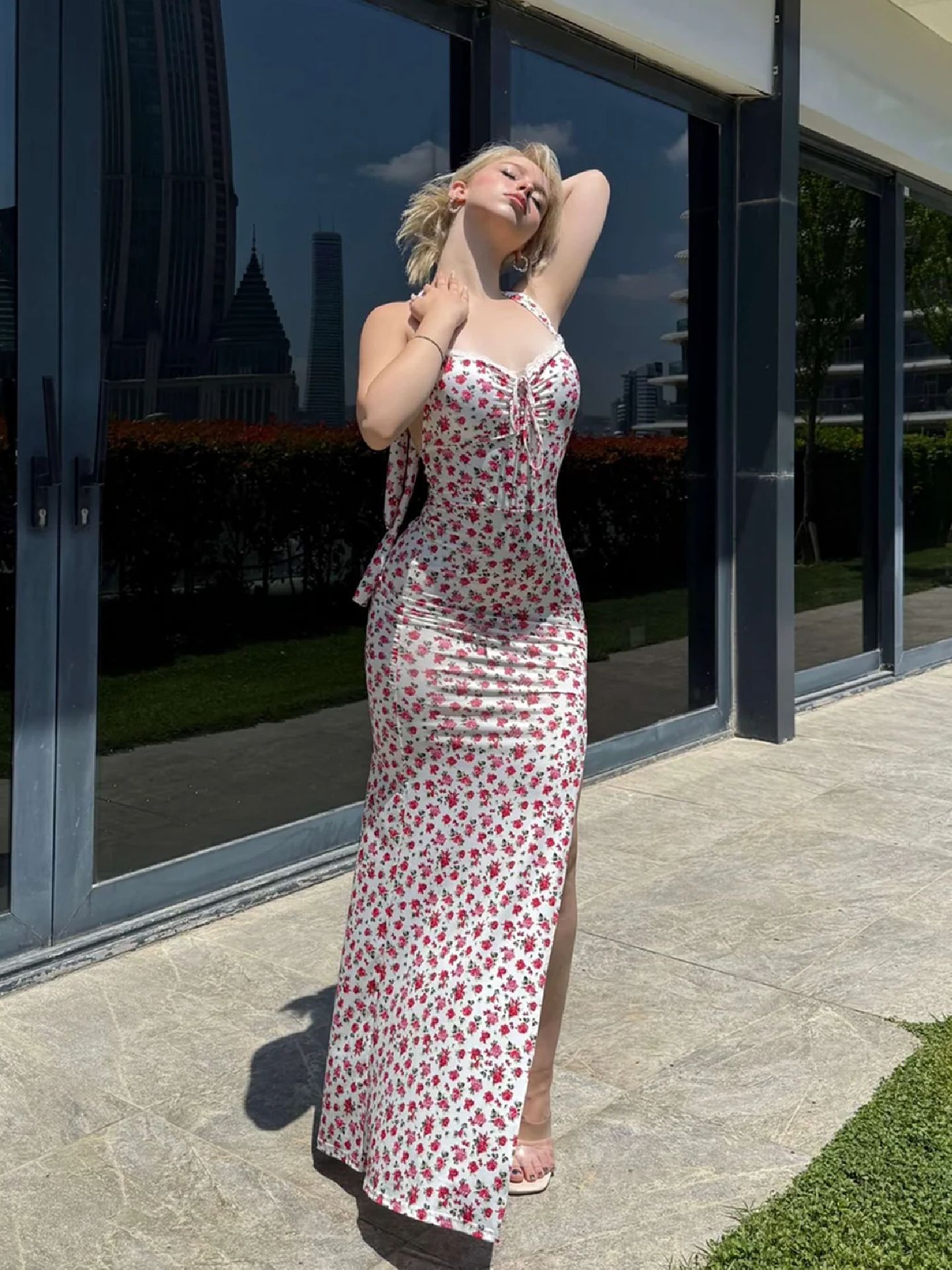 Sweet Floral Backless Halter Neck Sleeveless Midi Dress