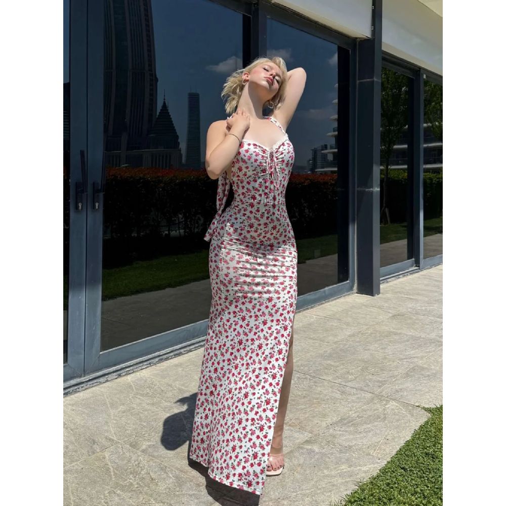 Sweet Floral Backless Halter Neck Sleeveless Midi Dress