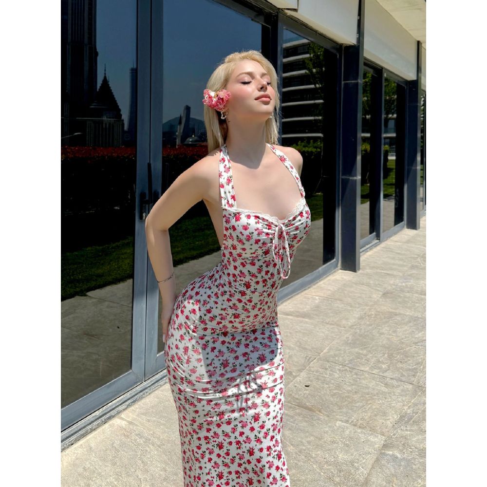 Sweet Floral Backless Halter Neck Sleeveless Midi Dress