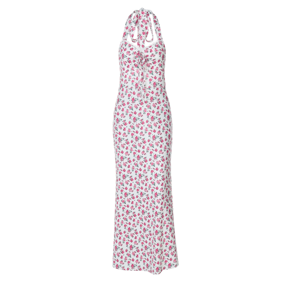 Sweet Floral Backless Halter Neck Sleeveless Midi Dress