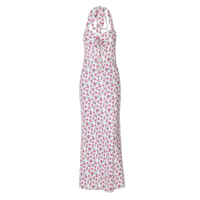Sweet Floral Backless Halter Neck Sleeveless Midi Dress 01