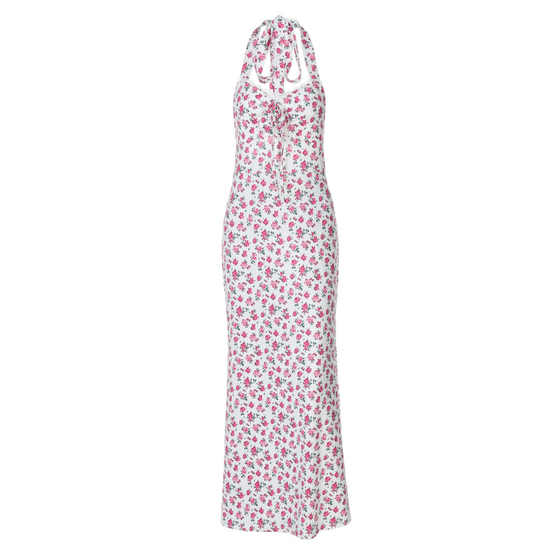 Sweet Floral Backless Halter Neck Sleeveless Midi Dress