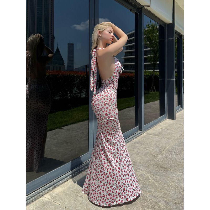 Sweet Floral Backless Halter Neck Sleeveless Midi Dress