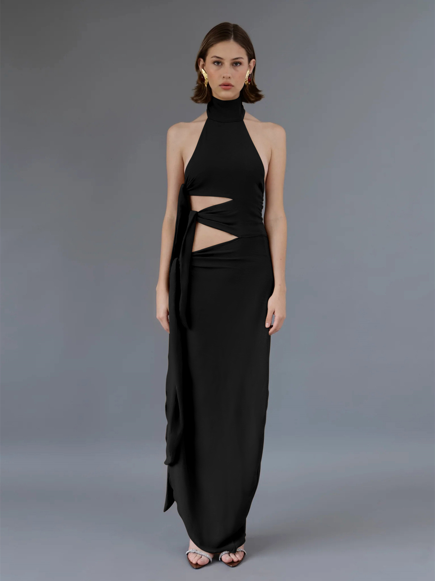 Tie - Up Long Open - Front Halter Neck Dress