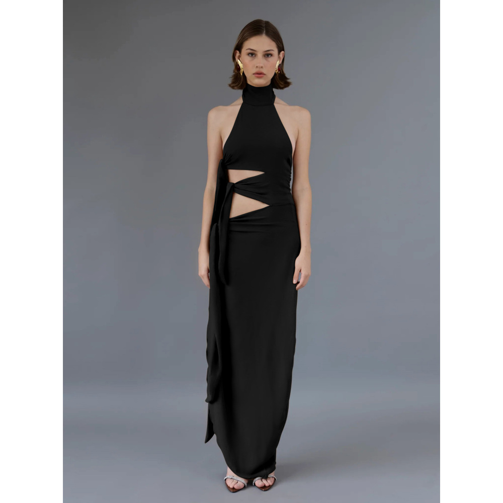 Tie - Up Long Open - Front Halter Neck Dress