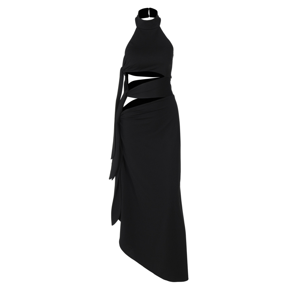 Tie - Up Long Open - Front Halter Neck Dress