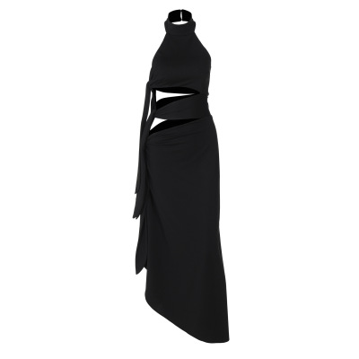 Tie - Up Long Open - Front Halter Neck Dress 01