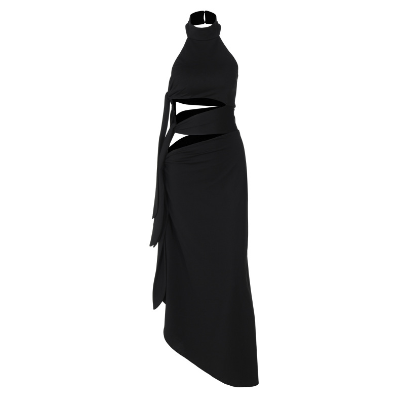 Tie - Up Long Open - Front Halter Neck Dress