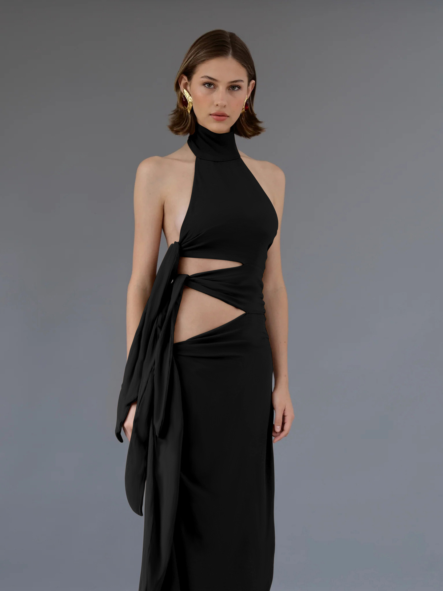 Tie - Up Long Open - Front Halter Neck Dress