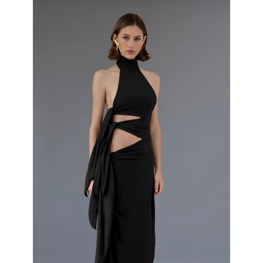 Tie - Up Long Open - Front Halter Neck Dress