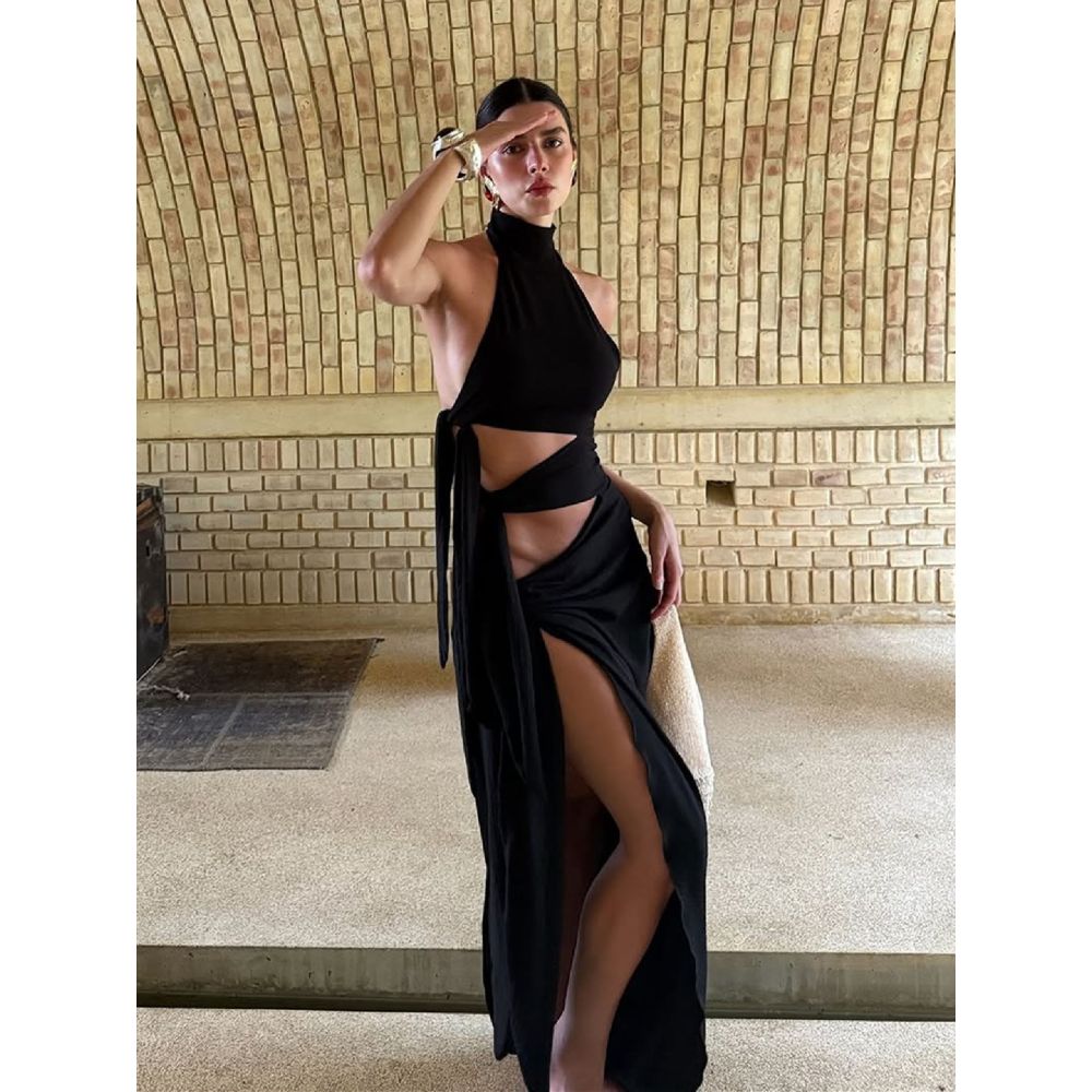 Tie - Up Long Open - Front Halter Neck Dress