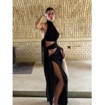 Tie - Up Long Open - Front Halter Neck Dress