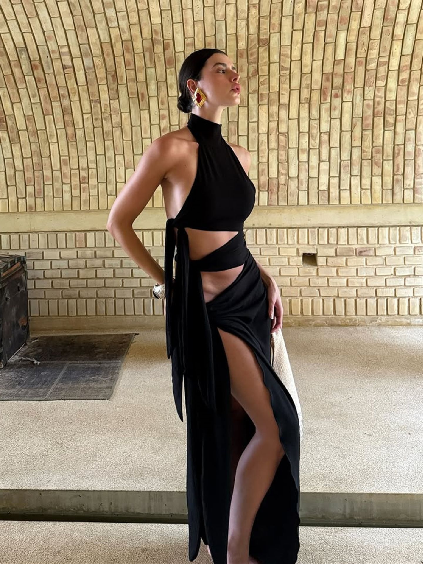 Tie - Up Long Open - Front Halter Neck Dress