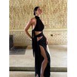 Tie - Up Long Open - Front Halter Neck Dress