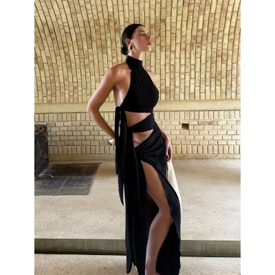 Tie - Up Long Open - Front Halter Neck Dress 02