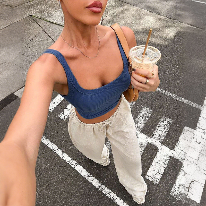 U - neck Slimming Crop Top Sexy Solid - color Cami Tank Top