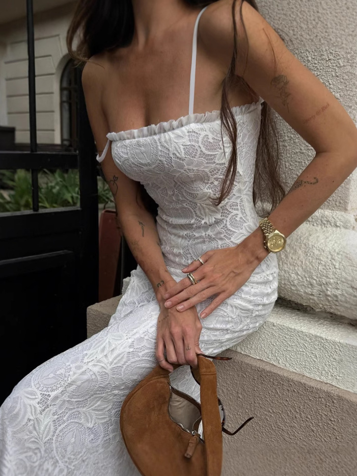 Solid Mesh Spliced Hollow - out Slim Fit Cami Dress