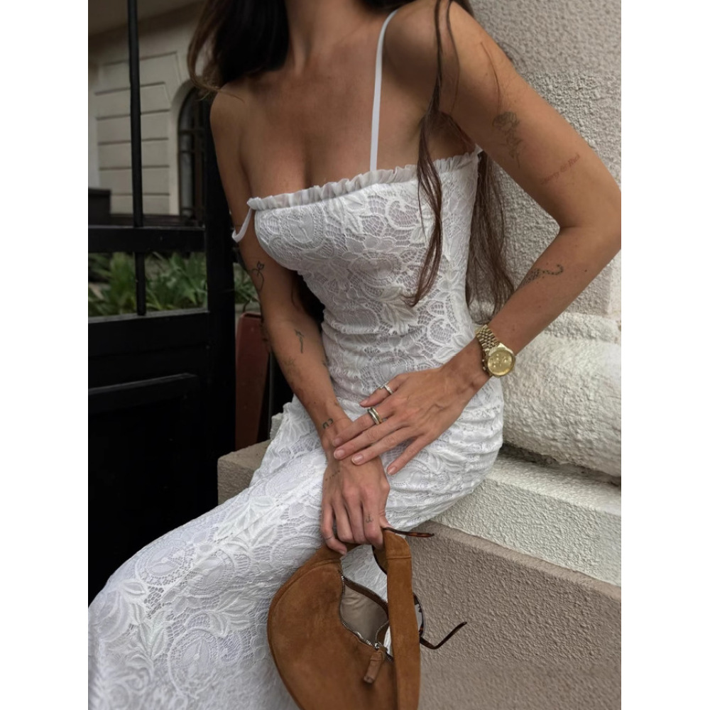 Solid Mesh Spliced Hollow - out Slim Fit Cami Dress