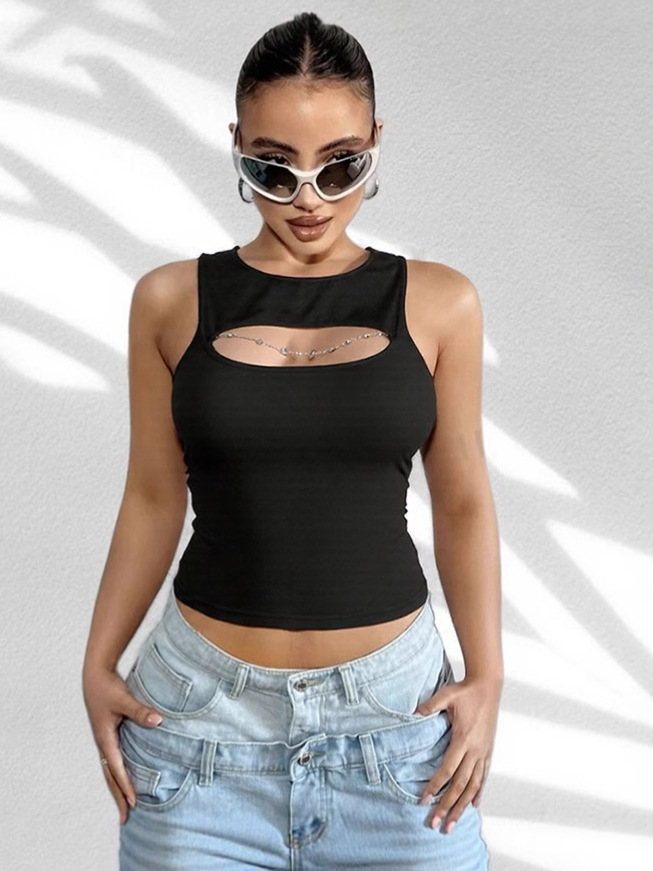 Chain - Spliced Fitted Sexy Hollow - Out Round - Neck T - Shirt Tank Top