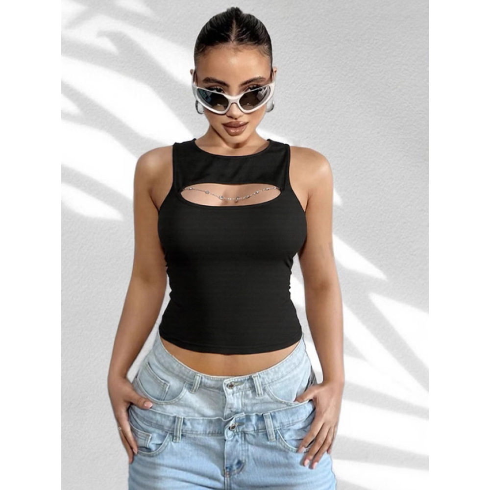 Chain - Spliced Fitted Sexy Hollow - Out Round - Neck T - Shirt Tank Top