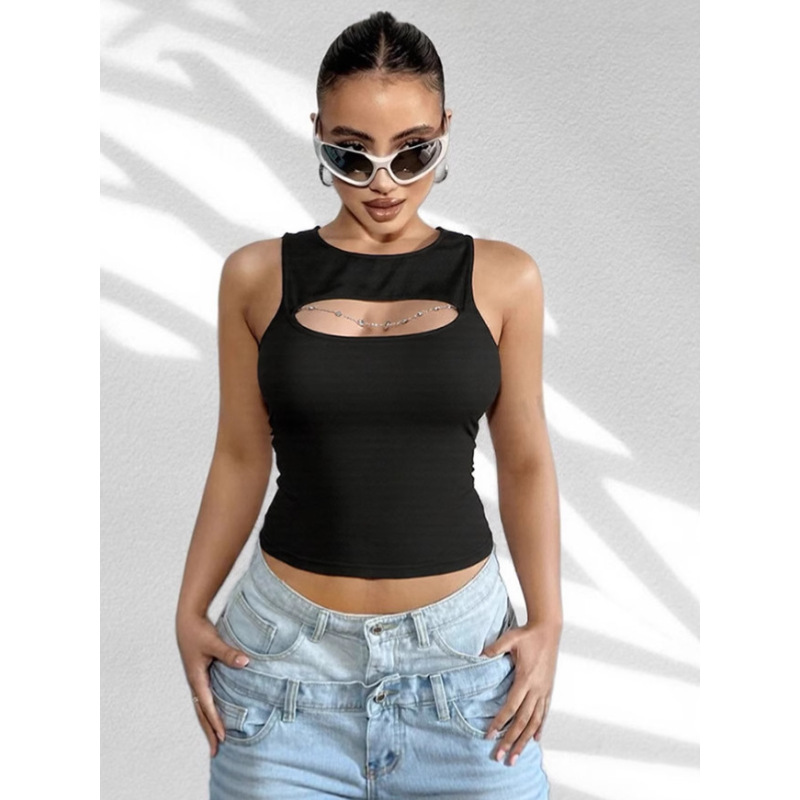 Chain - Spliced Fitted Sexy Hollow - Out Round - Neck T - Shirt Tank Top