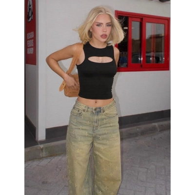 Chain - Spliced Fitted Sexy Hollow - Out Round - Neck T - Shirt Tank Top 02