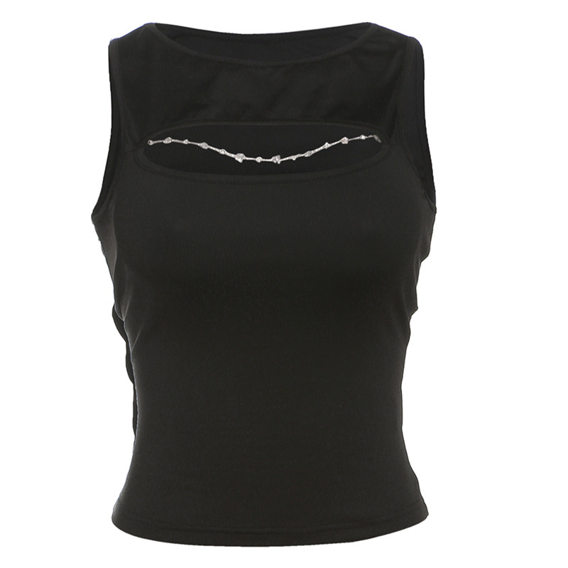 Chain - Spliced Fitted Sexy Hollow - Out Round - Neck T - Shirt Tank Top