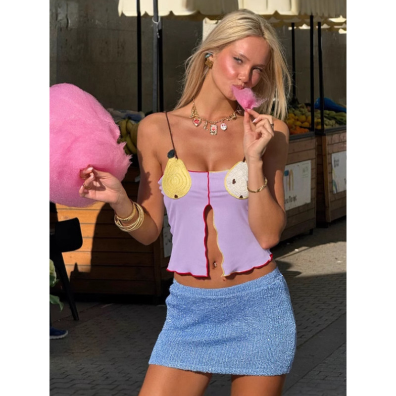 Hook - Knit Fruit - Pattern Crop Top with Color - Blocked Waist Exposure 