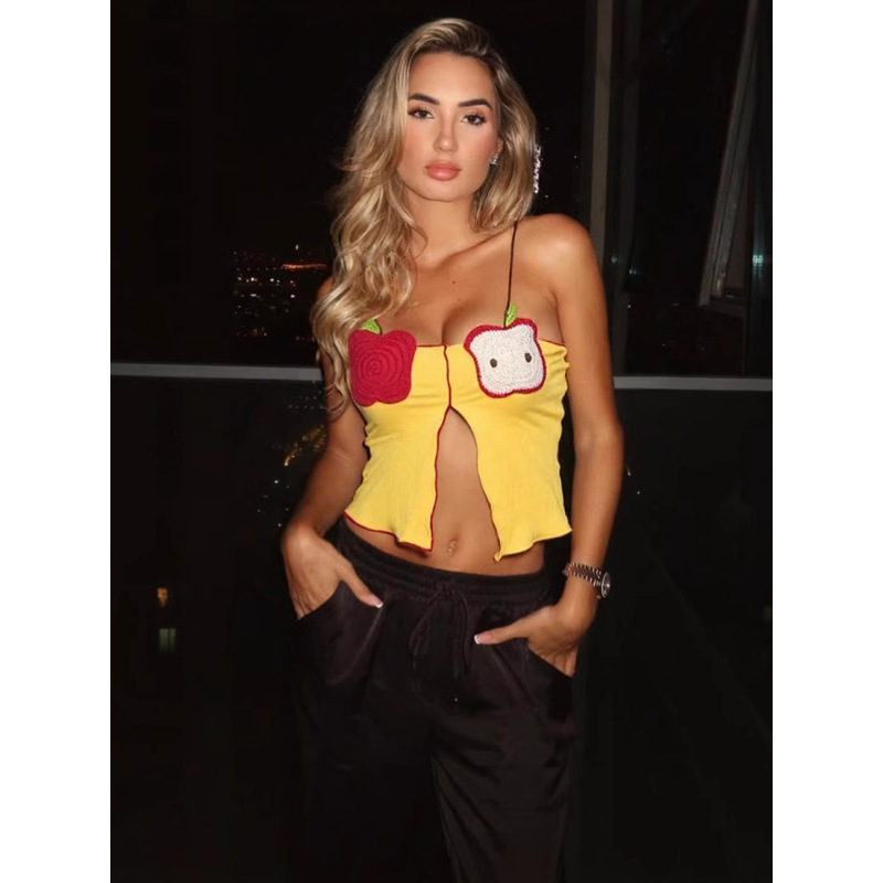 Hook - Knit Fruit - Pattern Crop Top with Color - Blocked Waist Exposure 