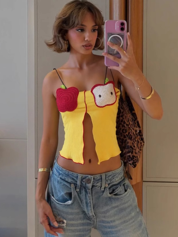 Hook - Knit Fruit - Pattern Crop Top with Color - Blocked Waist Exposure 