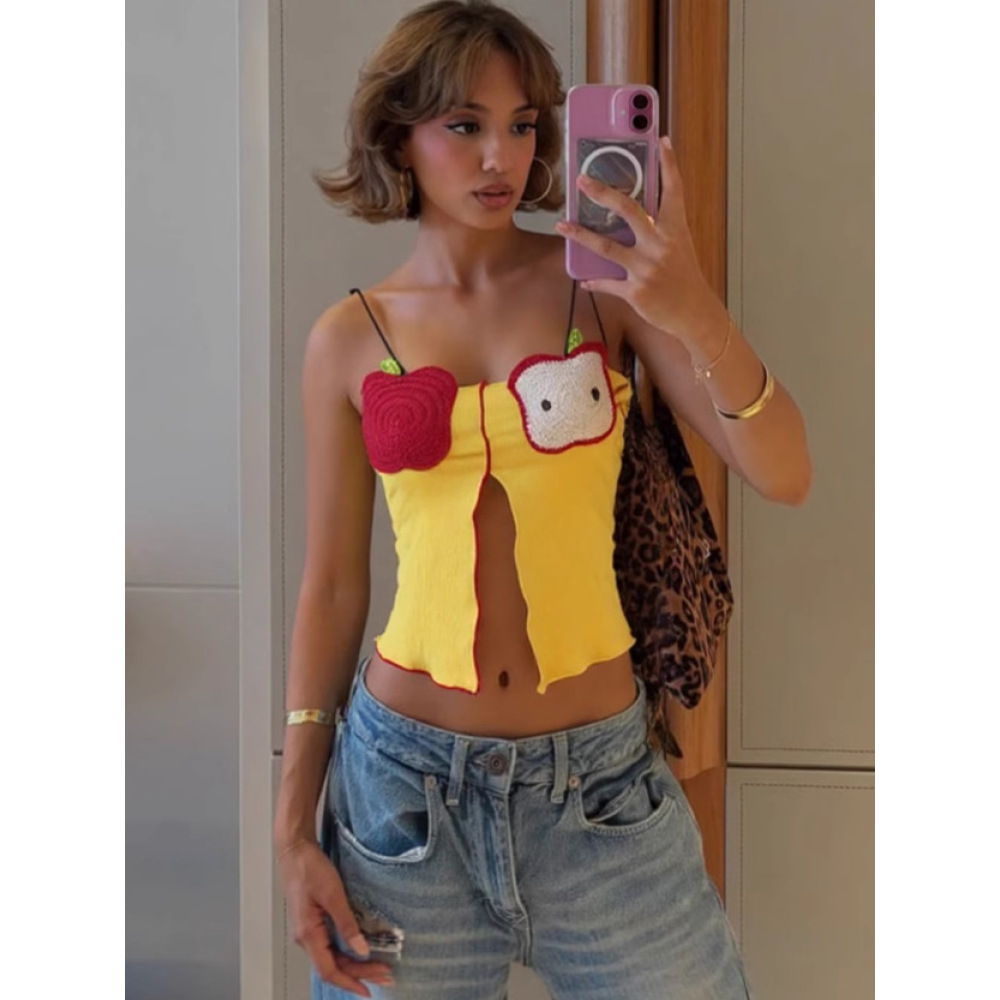 Hook - Knit Fruit - Pattern Crop Top with Color - Blocked Waist Exposure 