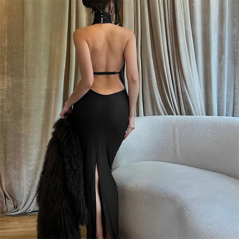 Backless Wrap Neck Bodycon Slit Dress
