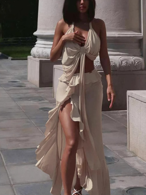 Halter Tie-Up Crop Top & Slit Skirt Set