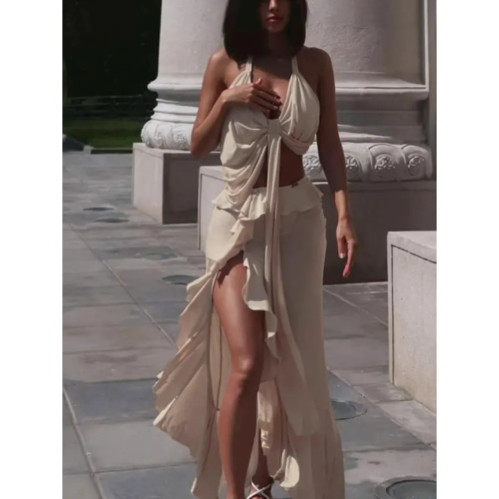 Halter Tie-Up Crop Top & Slit Skirt Set