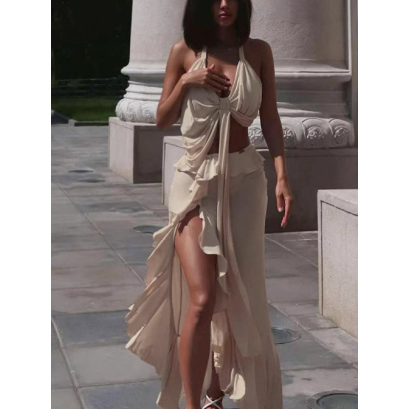 Halter Tie-Up Crop Top & Slit Skirt Set